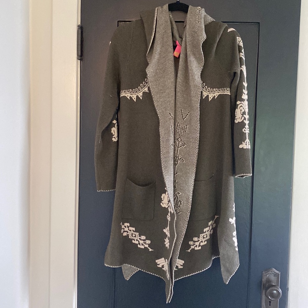 Women’s Aztec Long Hooded Cardigan Sweater sz S